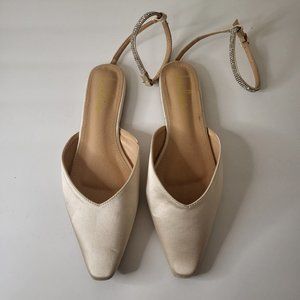 Lulu's Valletta Ivory Satin Flats with Rhinestone Ankle-Strap Size 9